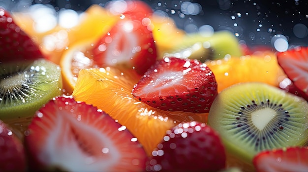 Photo close up of various healthy juicy fresh salad fruit flesh with beautiful sparkling bokeh light