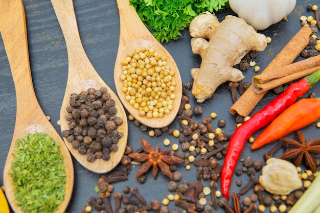 Close up of various herbs and spices in spoons