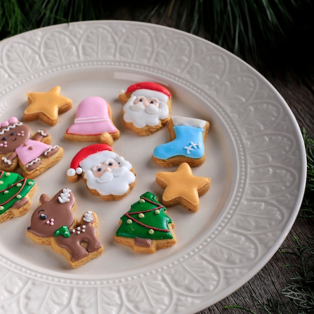 Закройте различные формы домашнего рождественского сахарного печенья на кремовой керамической тарелке с сосновым листом позади, деревенское настроение