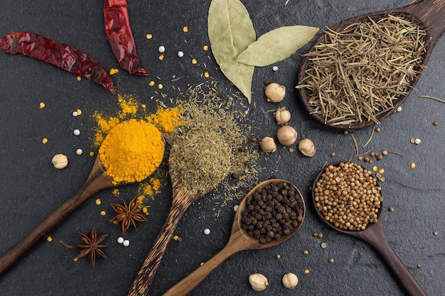 close-up of various spices in wooden spoons on table