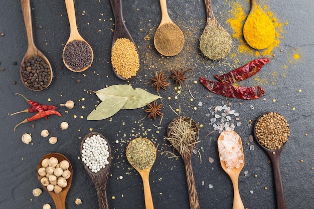 close-up of various spices in wooden spoons on table