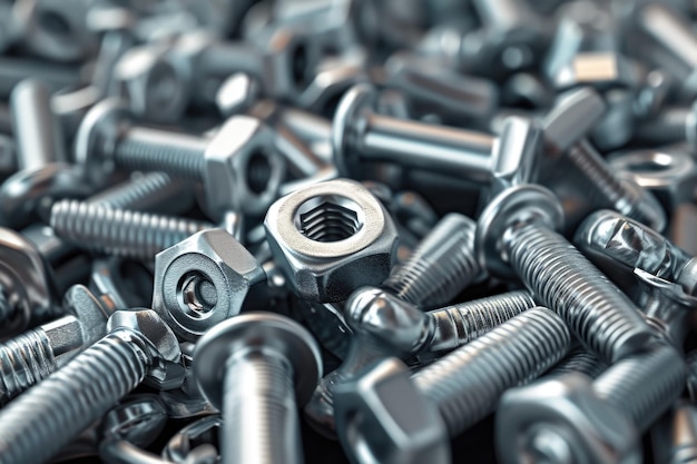 Close up of various steel nuts and bolts nuts and bolts