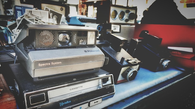 Close-up of various vintage camera on table