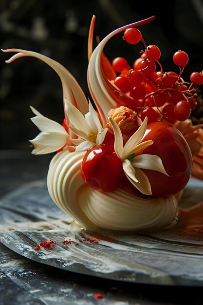 a close up of a vase with flowers and fruit