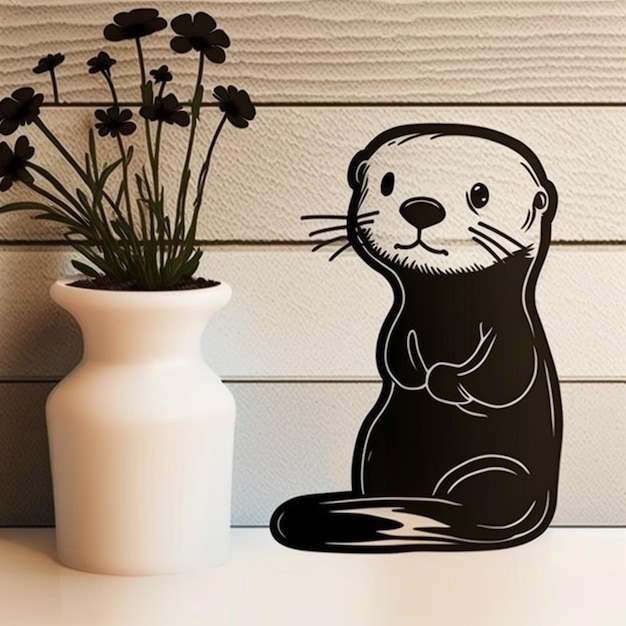 A close up of a vase with a plant in it and a picture of a otter generative ai