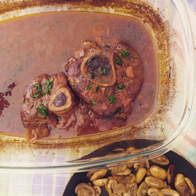 Photo close-up of veal in casserole