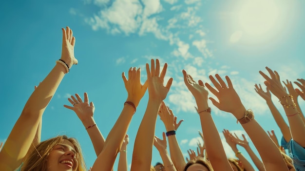 Close up veel vrouwelijke handen opgeheven tegen de blauwe hemel Vriendelijk team Gebaren symbolen en tekens Deelname aan openbare stemming Swing armen naar de beat van muziek in de dans Zonnige zomer buiten natuur