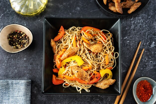 Close up of vegan stir fry noodles