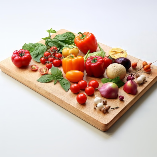 Close up of vegetables on chopping board isolated with white background