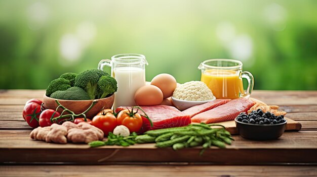 Foto close up di verdure, frutta e carne su un tavolo di legno su uno sfondo naturale verde