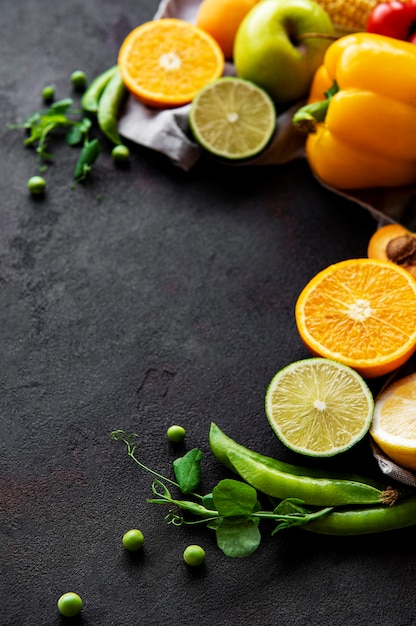 Close up vegetables and fruits on table