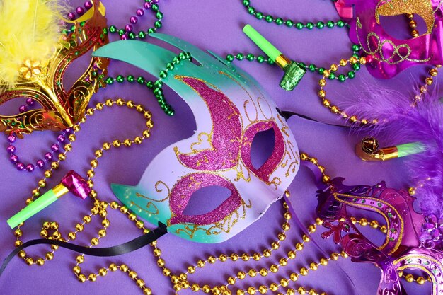 close-up of venetian masks on table