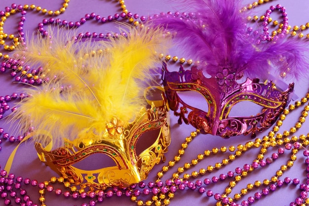 close-up of venetian masks on table