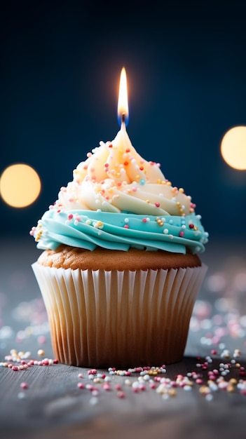 Close-up verjaardag cupcake met brandende kaars op blauwe achtergrond Vertical Mobile Wallpaper