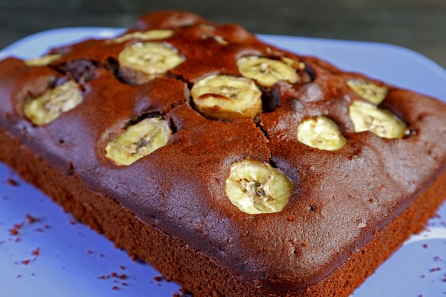 Close-up Vers Gebakken Verrukkelijke Zelfgemaakte Volkoren Chocolade Banaan Olijfolie Taart