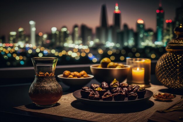 Close-up verscheidenheid aan tafels met Arabisch eten tijdens iftar-maaltijd op ramadan AI gegenereerd