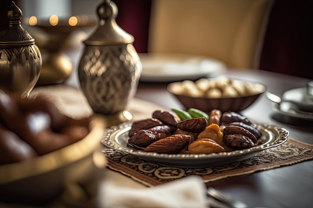 Close-up verscheidenheid aan tafels met Arabisch eten tijdens iftar-maaltijd op ramadan AI gegenereerd