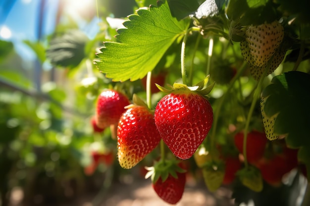 close-up verse aardbeien op de boom op zonnige dag