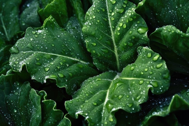 Close-up verse kale salade bladeren met waterdruppels textuur Generatieve AI