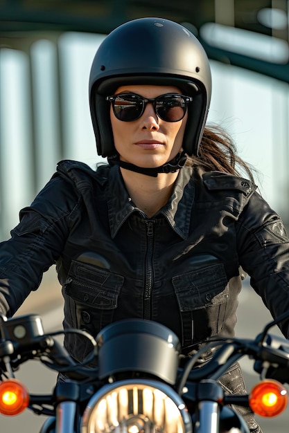 Close-up verticaal portret van een vrouwelijke motorrijder op een krachtige fiets