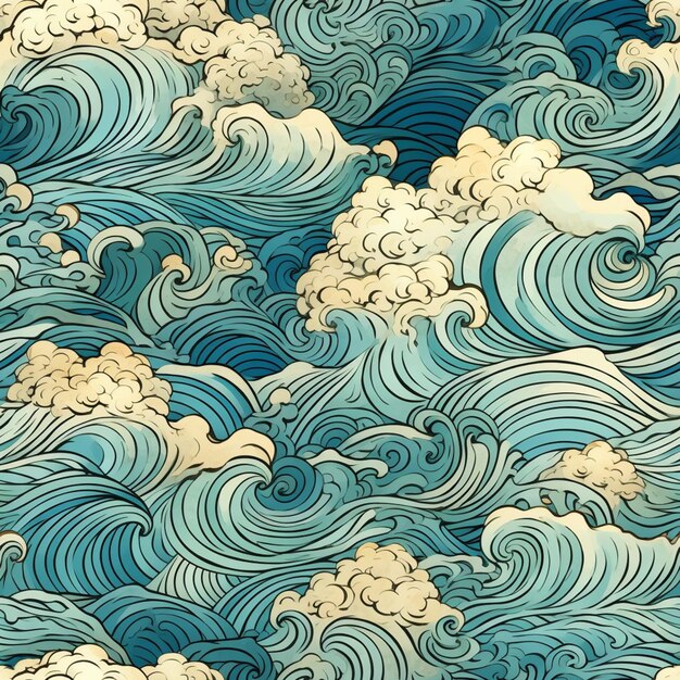 A close up of a very pretty blue and white pattern with clouds generative ai