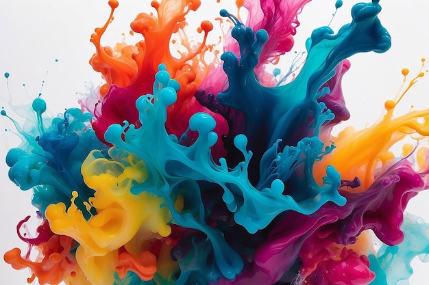 A close up of a vibrant acrylic ink in water is shown on a white background Background is amorphous riot of color