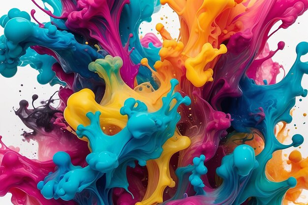 A close up of a vibrant acrylic ink in water is shown on a white background background is amorphous riot of color