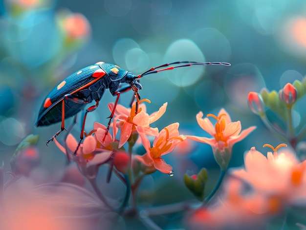 Close Up of a Vibrant Ladybug on Delicate Spring Blossoms with a Dreamy Blurred Background