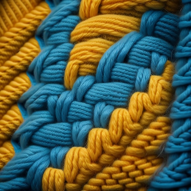 Close up a vibrant yellow and blue knitted yarn wool Ukrainian symbol Generated AI