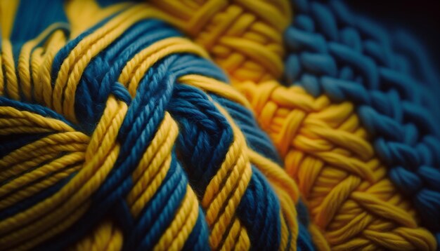 Close up a vibrant yellow and blue knitted yarn wool Ukrainian symbol Generated AI