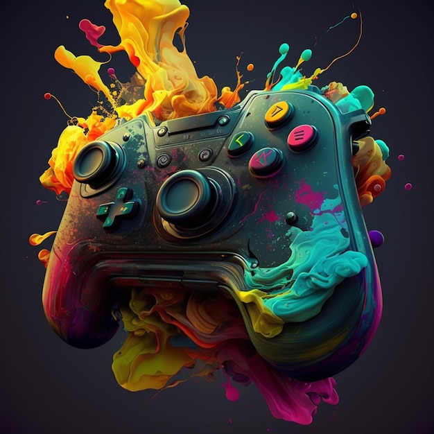 A close up of a video game controller with colorful paint on it generative ai