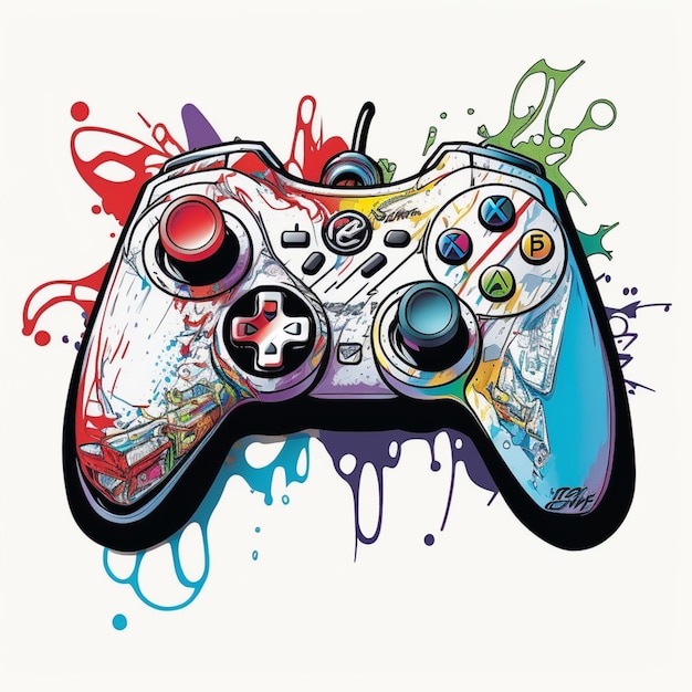 a close up of a video game controller with paint splatters generative ai