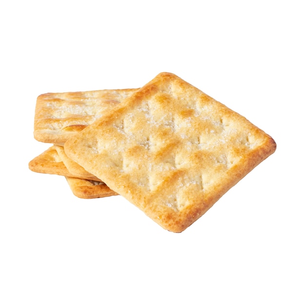 Close-up vierkante droge crackers geïsoleerd op een witte achtergrond. Snack droog Biscuits gezond volkoren smakelijke knapperige crackerskoekjes voor kinderen en volwassenen, uitknippad, vooraanzicht