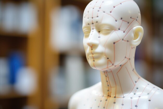 Close up view of acupuncture dummy showing meridian points