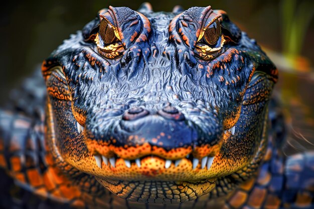 Photo close up view of an american alligators head displaying its powerful jaws and intense eyes