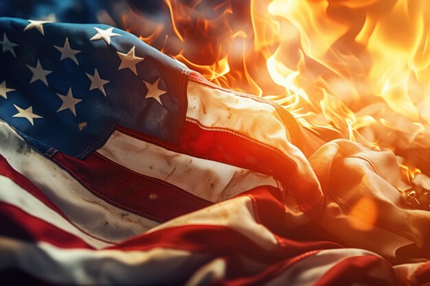 Photo a close up view of an american flag engulfed in flames this powerful image represents themes of protest patriotism and political unrest