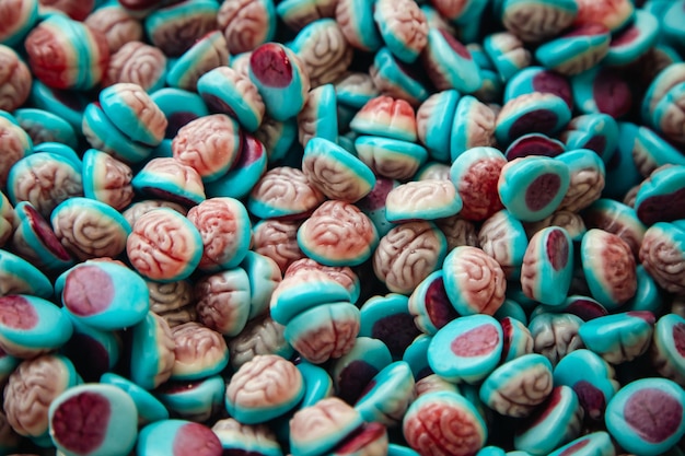 모듬된 다채로운 뇌 모양 젤리 사탕 맛있는 다채로운 할로윈 과자의 보기를 닫습니다