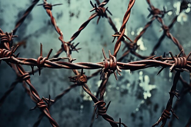 Close up view of barbed wire on the wall