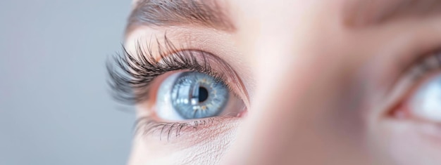 Close up view of beautiful blue female eye with long eyelashes smooth healthy skin Eyelash exte