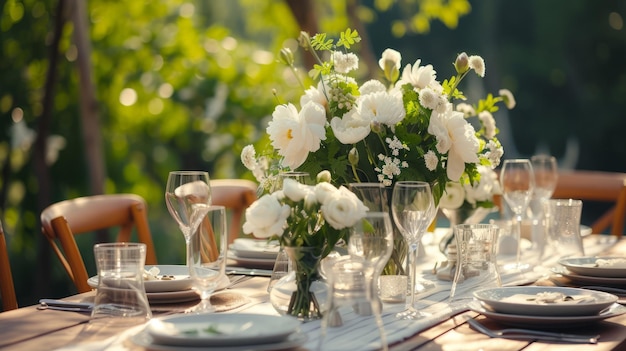 Close up view Beautiful outdoor table setting with white flowers for a dinner wedding reception or other festive event