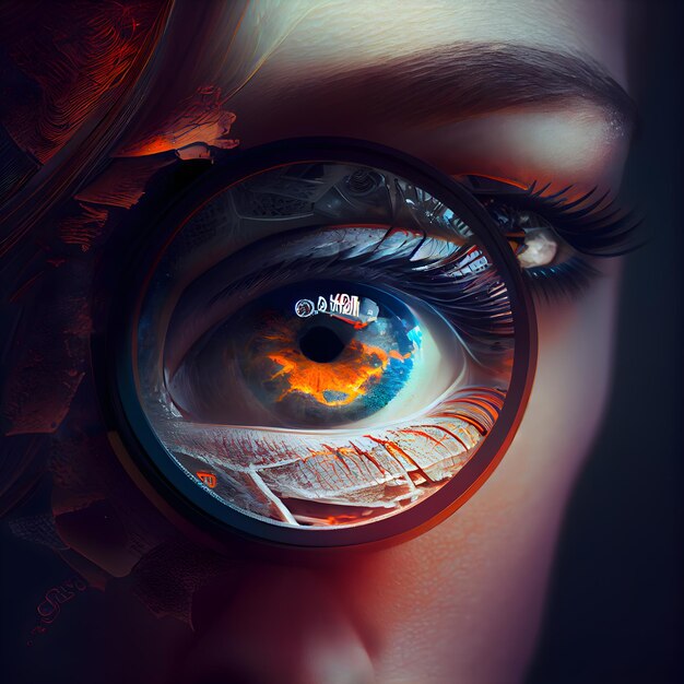 Крупный план красивого женского глаза с увеличительным стеклом