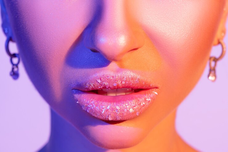 Close up view of beautiful woman lips in colourful bright light.
