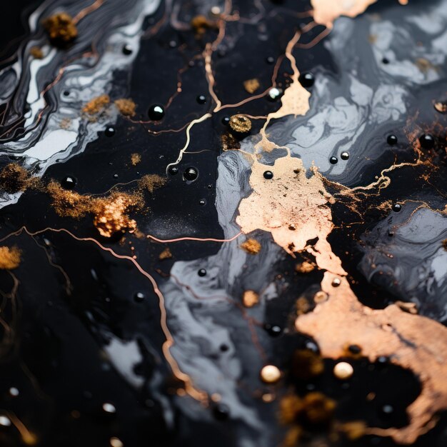 a close up view of a black and gold marble surface