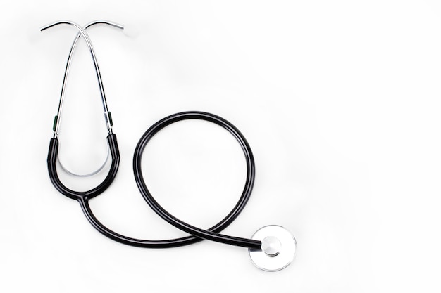 Close up view of black stethoscope isolated on white