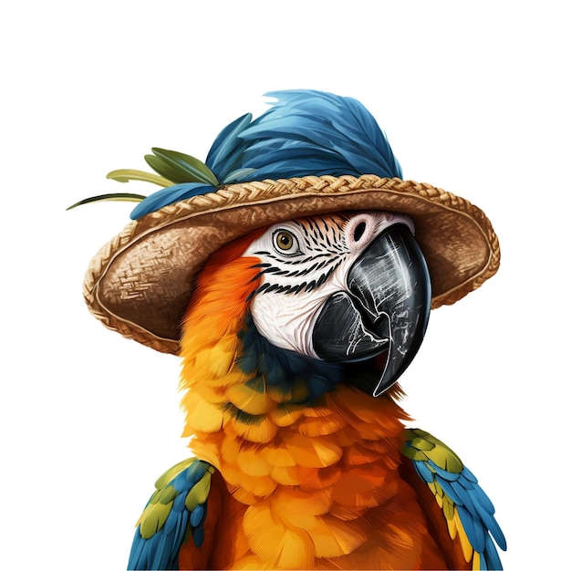 close up view of blue and yellow macaw wearing beach hat