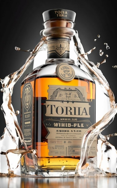 Foto vista ravvicinata di una bottiglia di whiskey e un bicchiere a parte sul retro grigio