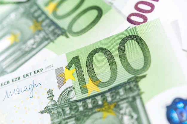 Close-up view of cash money euro bills background. Finance and business concept. Close-up. Shallow depth of field.