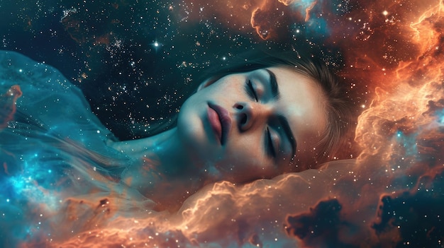 The close up view of the caucasian female sleeping on sea of the stars aigx