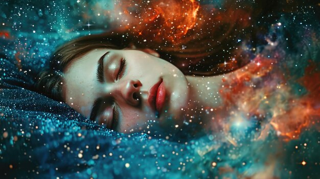 Foto la vista ravvicinata della femmina caucasica che dorme sul mare delle stelle aigx