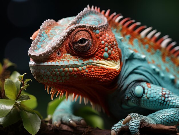 Close up view chameleon perched in cocao plant